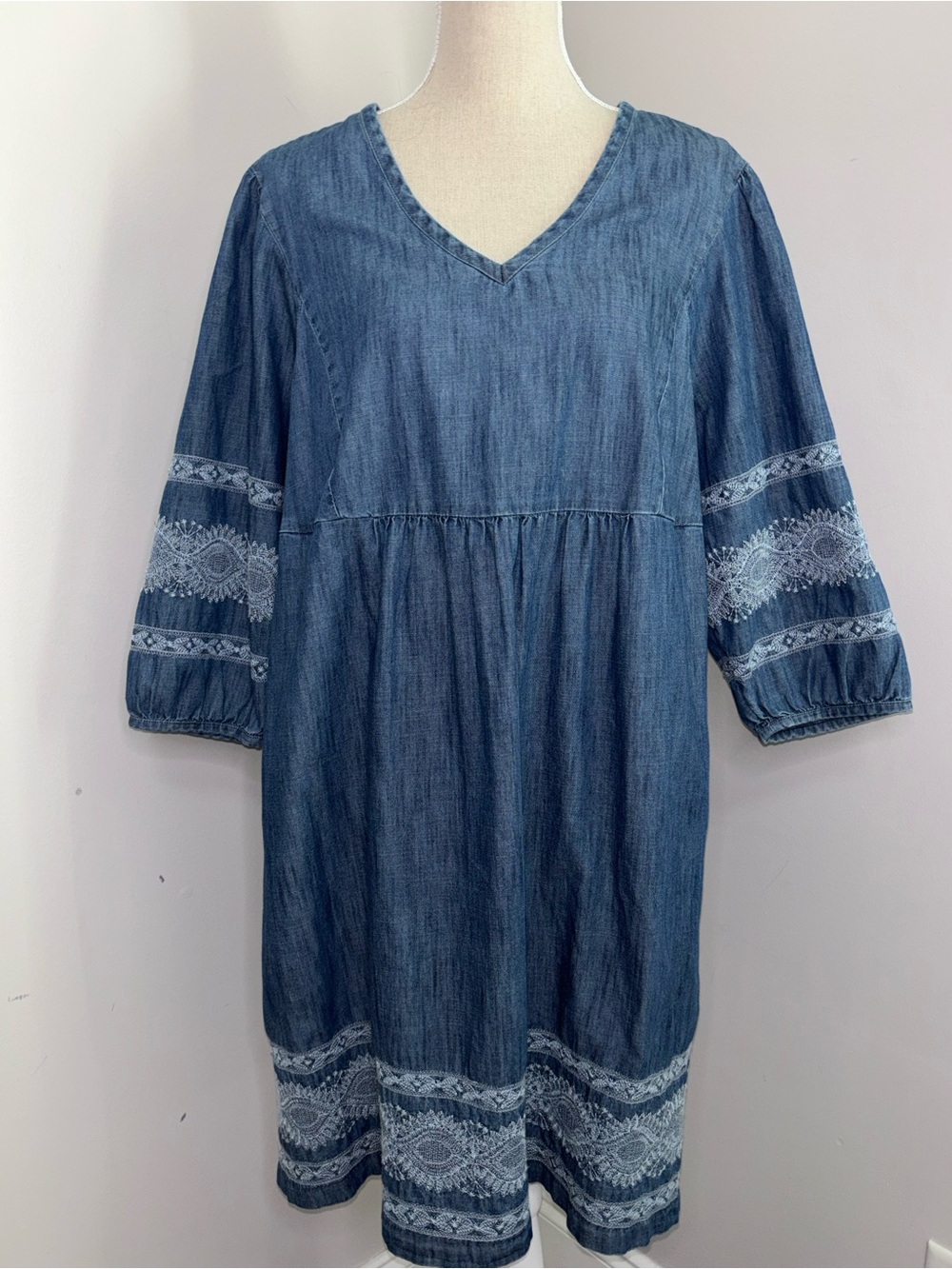 J Jill Denim 3/4 sleeve embroidered peasant dress V-neck loose fit XL Petite XLP
